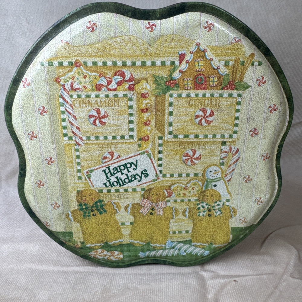 VTG Vicky‎ Howard Christmas Cookie Tin Gingerbread Spice Happy Holidays 7x2.25"